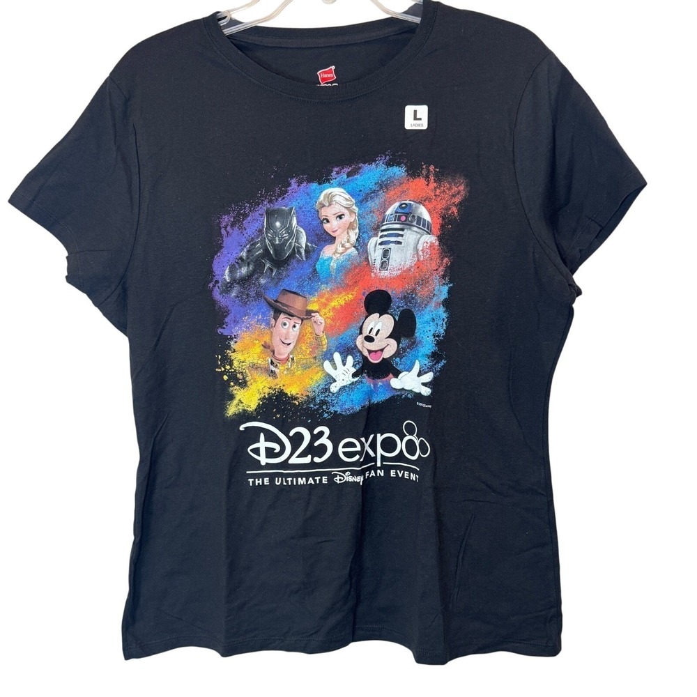 Disney D23 Expo T-Shirt Black Panther Elsa Mickey Woody R2-D2 Hanes L - Picture 2 of 6